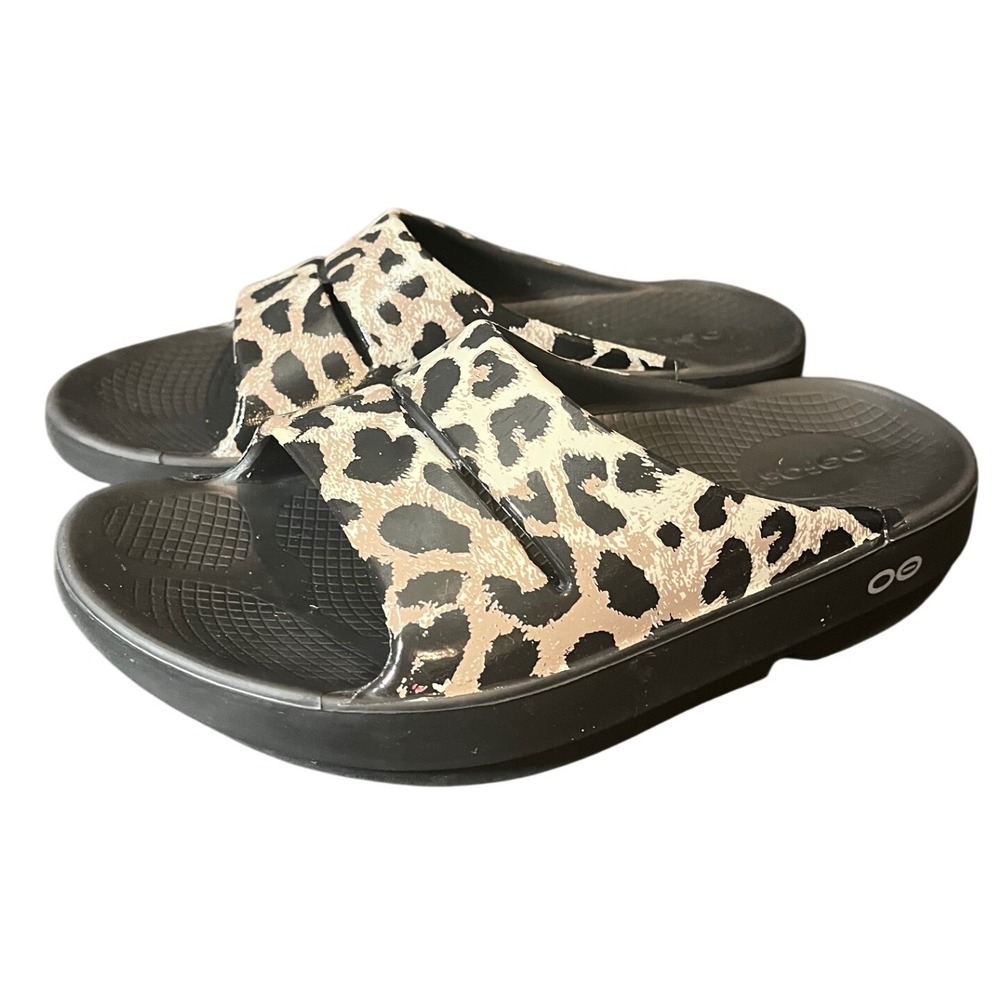 OOFOS OOahh Sport Slide Sandals Womens 6 Mens 4 Leopard Animal Print Black